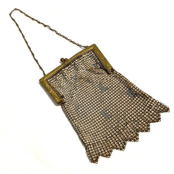 Vintage 1920s metal mesh purse Art Deco geometric white enamel blue gold flaws - Picture 2 of 12